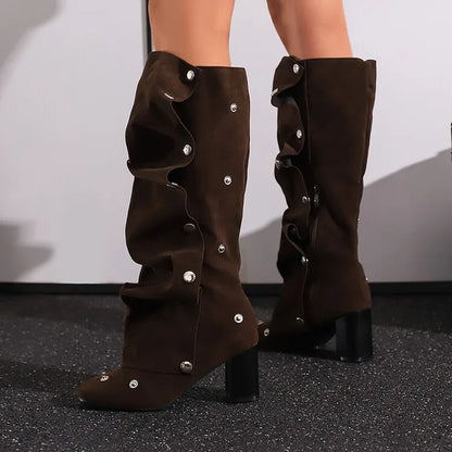 🍒Denim boots for Women blue multi snap-fastener pleated shoes with zip wide calf length boots winter footwear Cute Cowboy