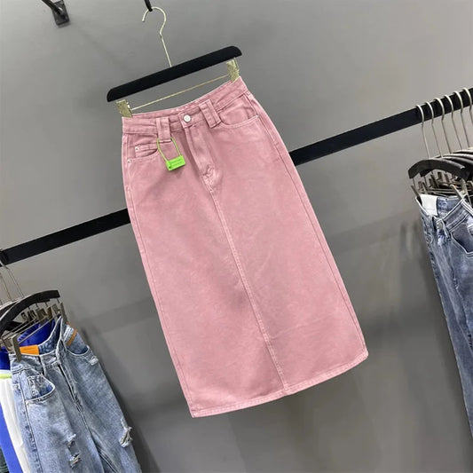 🍒High-waisted denim skirt pink colour a-line fashion skirt with back split midi fashion womens casual clothing denim wear       Pink Shade Of Blue Who Knew