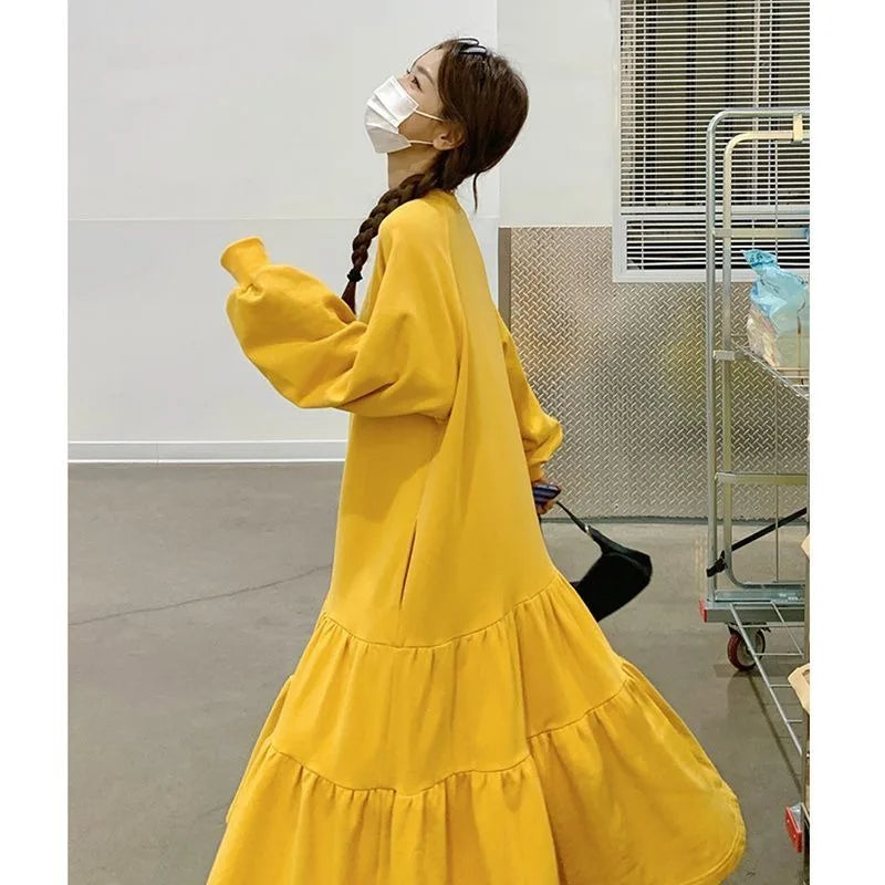 🍒Oversized dress solid color loose outfit long sleeve maxi fashion for women o-neck a-line outfits casual wear Feel Good Tiers Of Joy