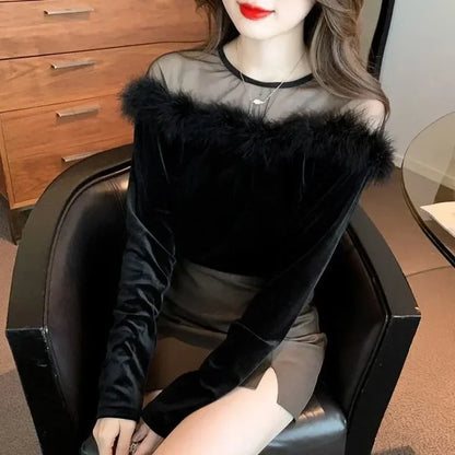 🍒Long sleeve velvet tops for women mixed media velvet fur top with mesh panel party occasion wear feminine clothing fashion Fluff Up In Velvet