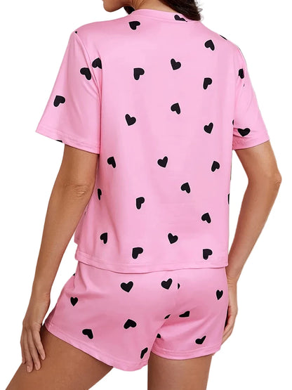 🍒Women's Love heart sleepwear set print knit fashion heart print top soft short sleeve top and shorts sleepwear set for comfortable home wear lounge wear  Light Hearted Fun