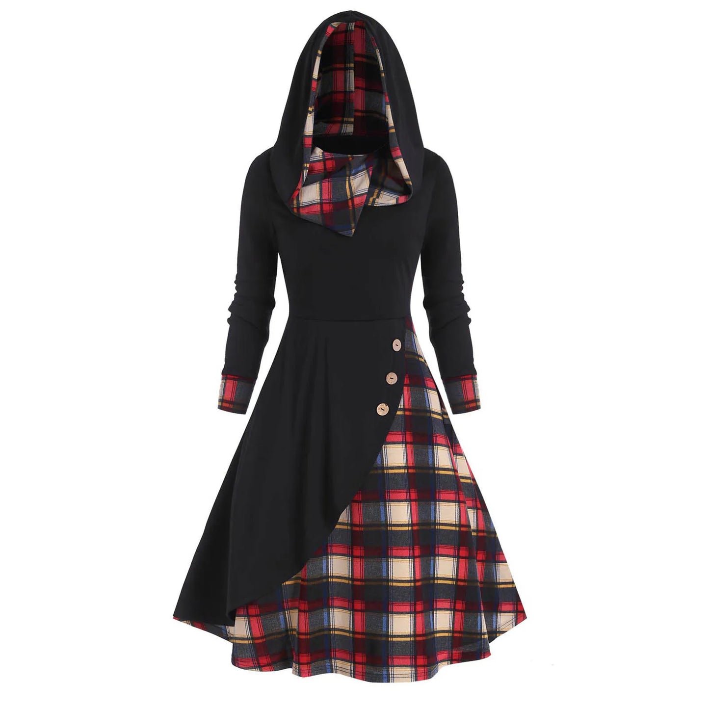🍒Hooded dress button plaid patchwork outfit womens warm clothes autumn winter fashion high waist long sleeve casual midi Please Purchase Plaids