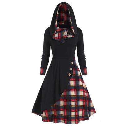 🍒Hooded dress button plaid patchwork outfit womens warm clothes autumn winter fashion high waist long sleeve casual midi Please Purchase Plaids