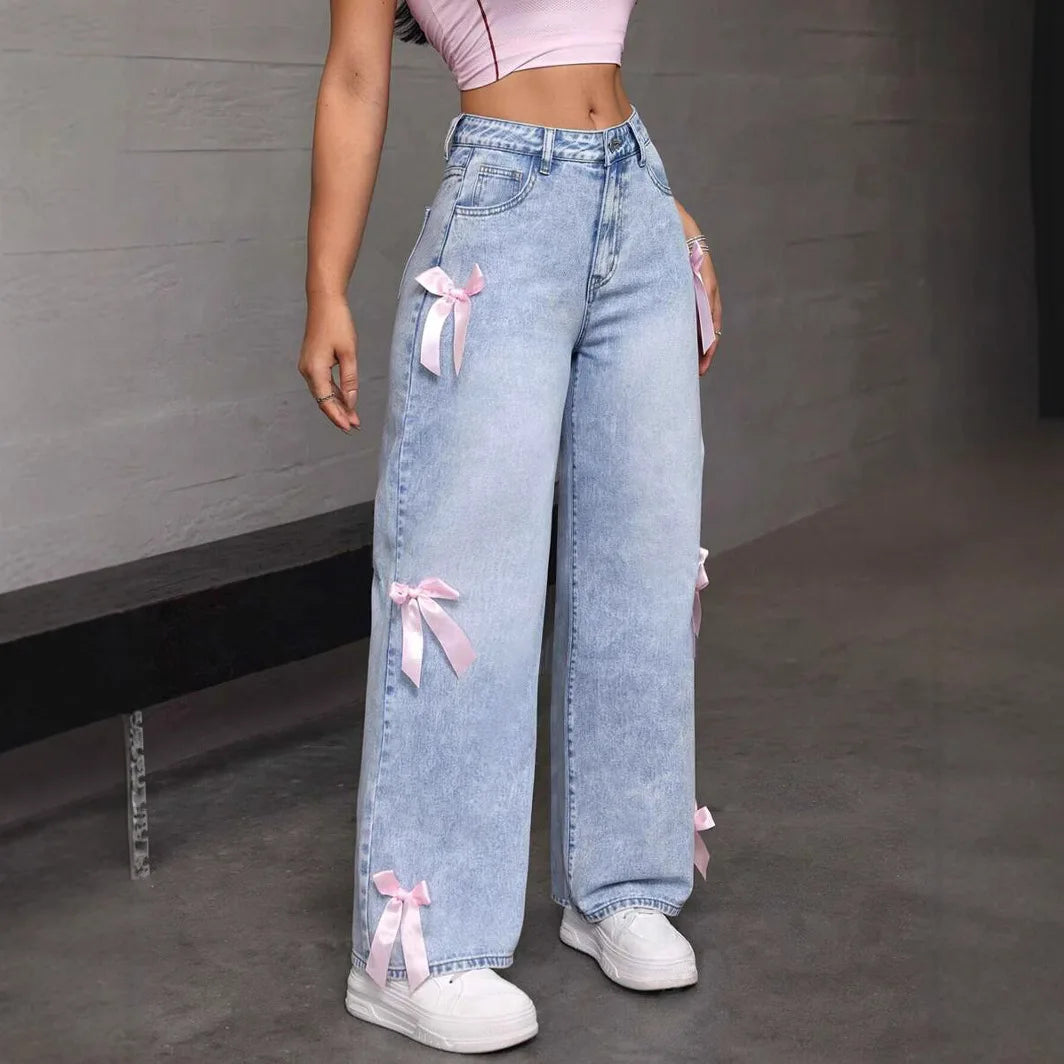 🍒Womens wide leg jeans pants pink bows washed high waist denims distressed vintage Straight Ankle Length Trousers casual jeans wear You Will Be Blue If You Miss these sweet Denim Pinks