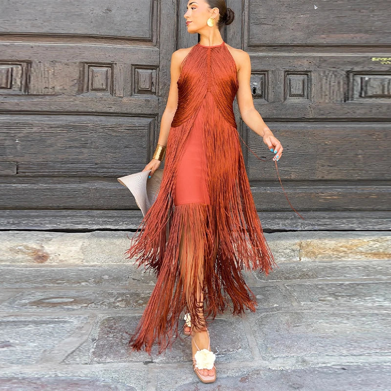 🍒Multi-layer tassel dress women's solid o-neck sleeveless cocktail dress elegant female fashion ball party outfit occasion wear club wear holiday beach party wear No Tossle Tassle