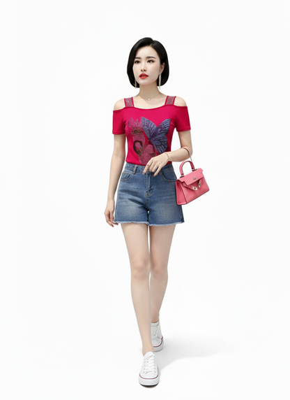 🍒Streetwear chic Heart Shaped top diamond t-shirt off shoulder black tee women summer short sleeve mesh tops SEQ And w 'UIN This Heart
