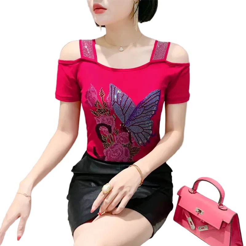 🍒Streetwear chic Heart Shaped top diamond t-shirt off shoulder black tee women summer short sleeve mesh tops SEQ And w 'UIN This Heart