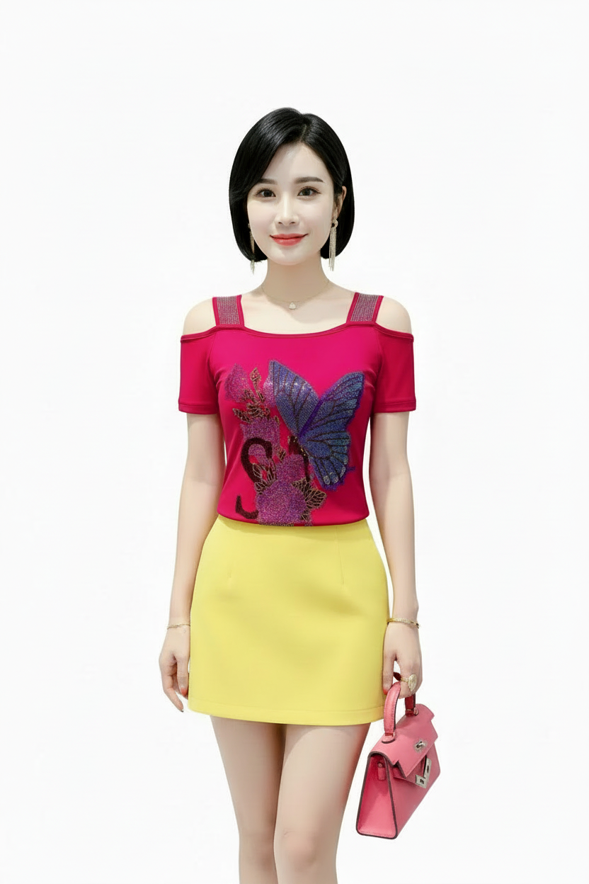 🍒Streetwear chic Heart Shaped top diamond t-shirt off shoulder black tee women summer short sleeve mesh tops SEQ And w 'UIN This Heart