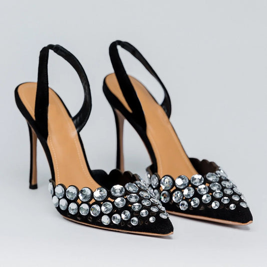 🍒Crystal slingback sandals pointed toe stilettos heels ankle strap occasion shoes footwear evening pumps for women modern party shoes On Point Fashion