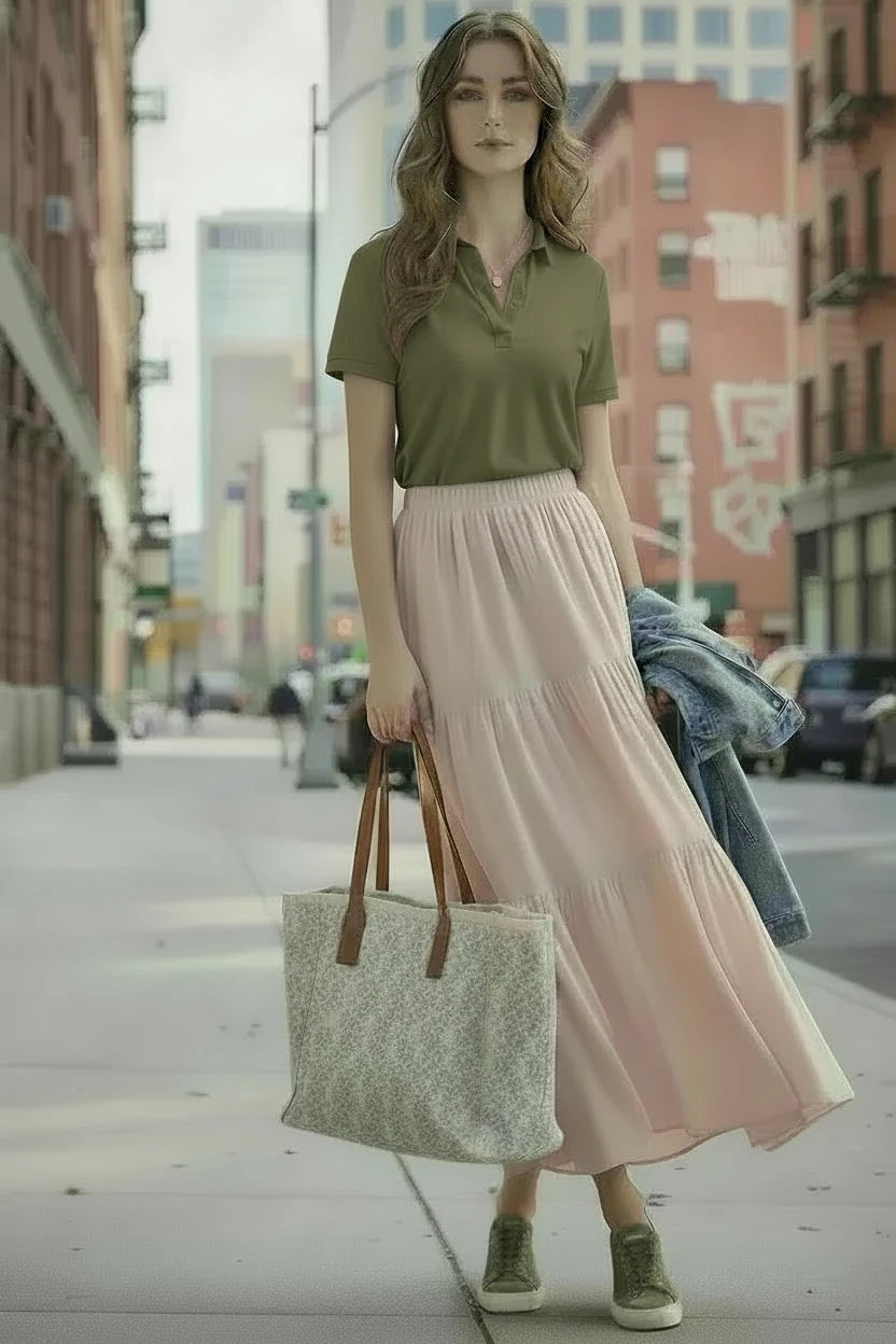 🍒High waist elastic maxi skirt long teired with ruffle stitching solid colour a-Line smart casual fashion for women clothing for all seasons A+ For This A-line