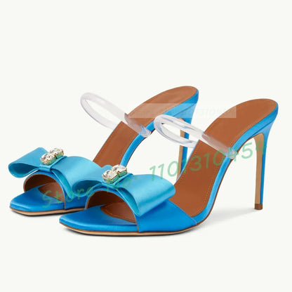 🍒Bowknot satin high heels occasion slippers womens crystal sandals bling shoes for wedding summer pumps pvc strap casual open toe shoes Sassy Satin Slippers