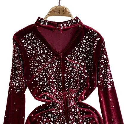 🍒Bodycon o-neck long sleeve dress glitter rhinestone outfit velvet chic vintage style clothing chic autumn fall fashion party occasion wear Get Wine Stoned