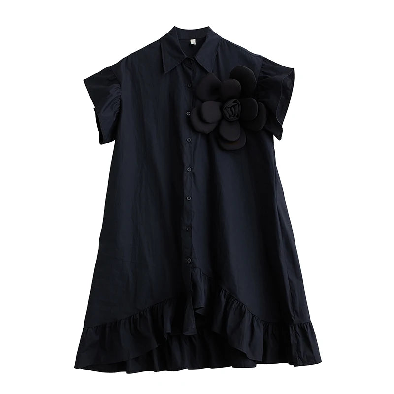 🍒Summer loose dress artistic high low ruffle trim outfit with 3D flower cotton blend office smart casual women mid-length a-Line Don’t Get Ruffled Pick A Flower And Ease lnto Summer