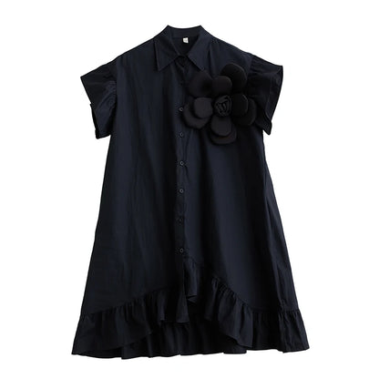 🍒Summer loose dress artistic high low ruffle trim outfit with 3D flower cotton blend office smart casual women mid-length a-Line Don’t Get Ruffled Pick A Flower And Ease lnto Summer