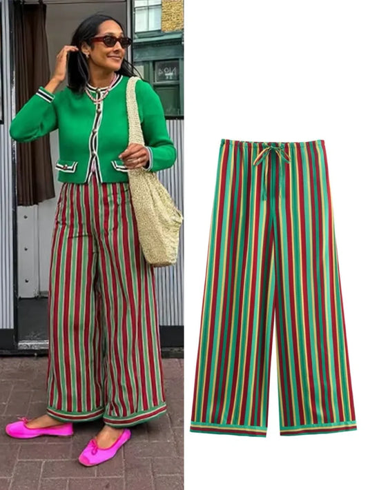 🍒Striped wide leg casual pants women straight stripe drawstring trousers multicolour clothing high Waist smart casual female clothes Look Hot In Peppers