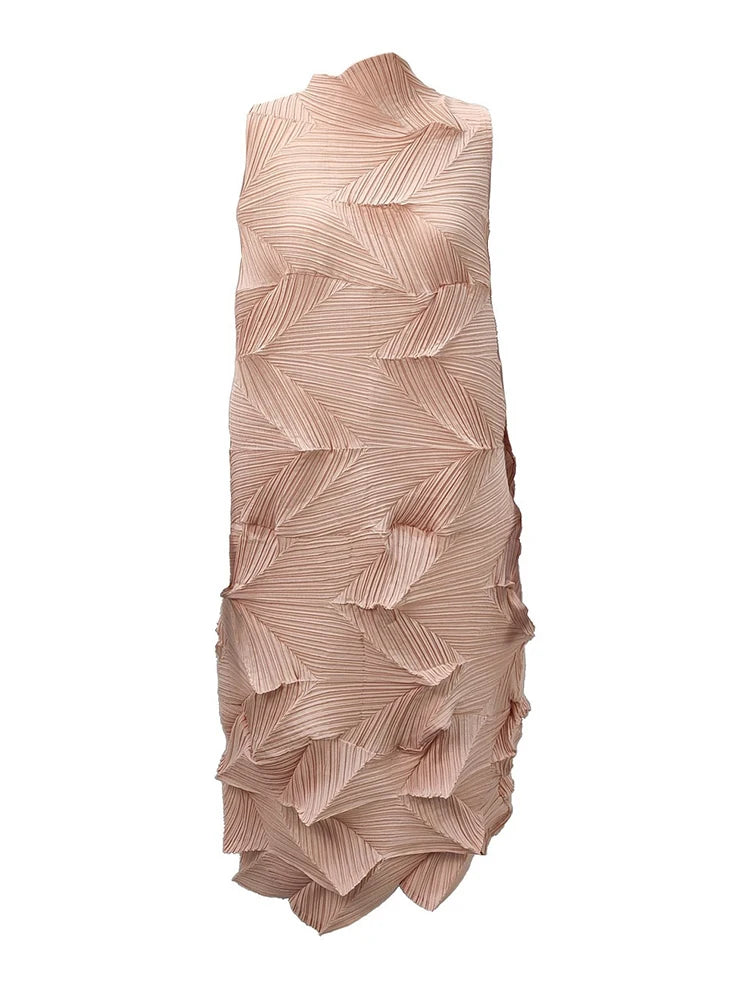 🍒Sleeveless pleated dress for women turtleneck outfit single colour solid fashion smart casual women party wear occasion clothing style 3D fold designer dresses Fashion A Fold