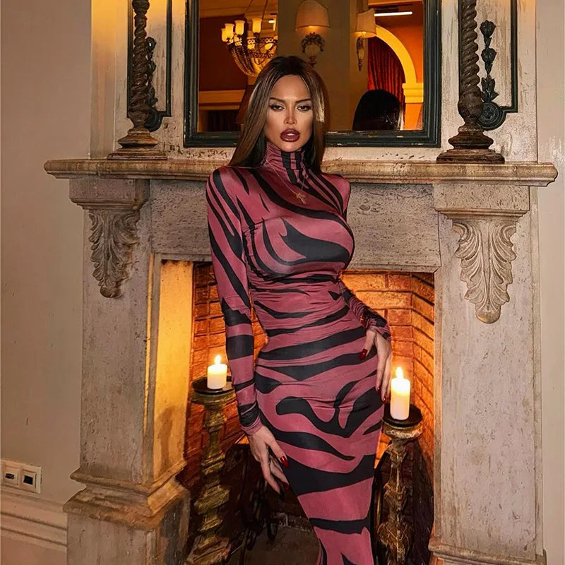 🍒Red striped long dress womens bodycon turtle neck zebra print mesh outfit clubwear party occasion wear clothing                       Catwalk Your Tiger