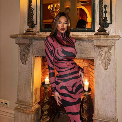 🍒Red striped long dress womens bodycon turtle neck zebra print mesh outfit clubwear party occasion wear clothing                       Catwalk Your Tiger
