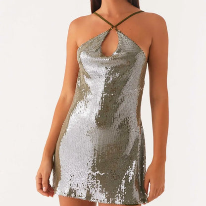🍒Sequin summer dress glitter mini outfit sleeveless adjustable thin spaghetti Strap fashion clothes for parties backless mini dress black  Back Classics