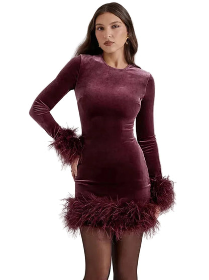 🍒Velvet dress with fur trim long sleeved slim fit party outfit short for women's fashion long sleeve occasion wear Delicious Red Velvet