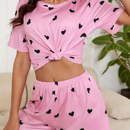 🍒Women's Love heart sleepwear set print knit fashion soft short sleeve top and shorts sleepwear set for comfortable home wear lounge wear Light Hearted Fun
