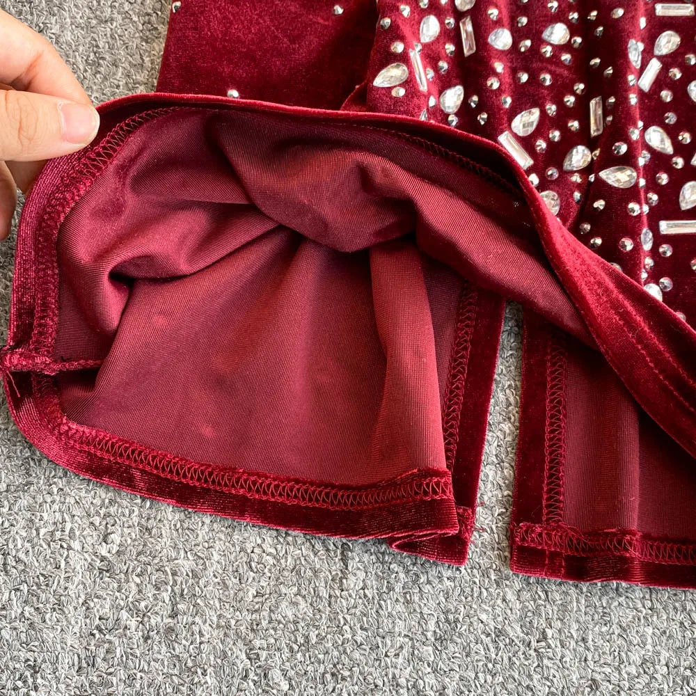 🍒Bodycon o-neck long sleeve dress glitter rhinestone outfit velvet chic vintage style clothing chic autumn fall fashion party occasion wear Get Wine Stoned