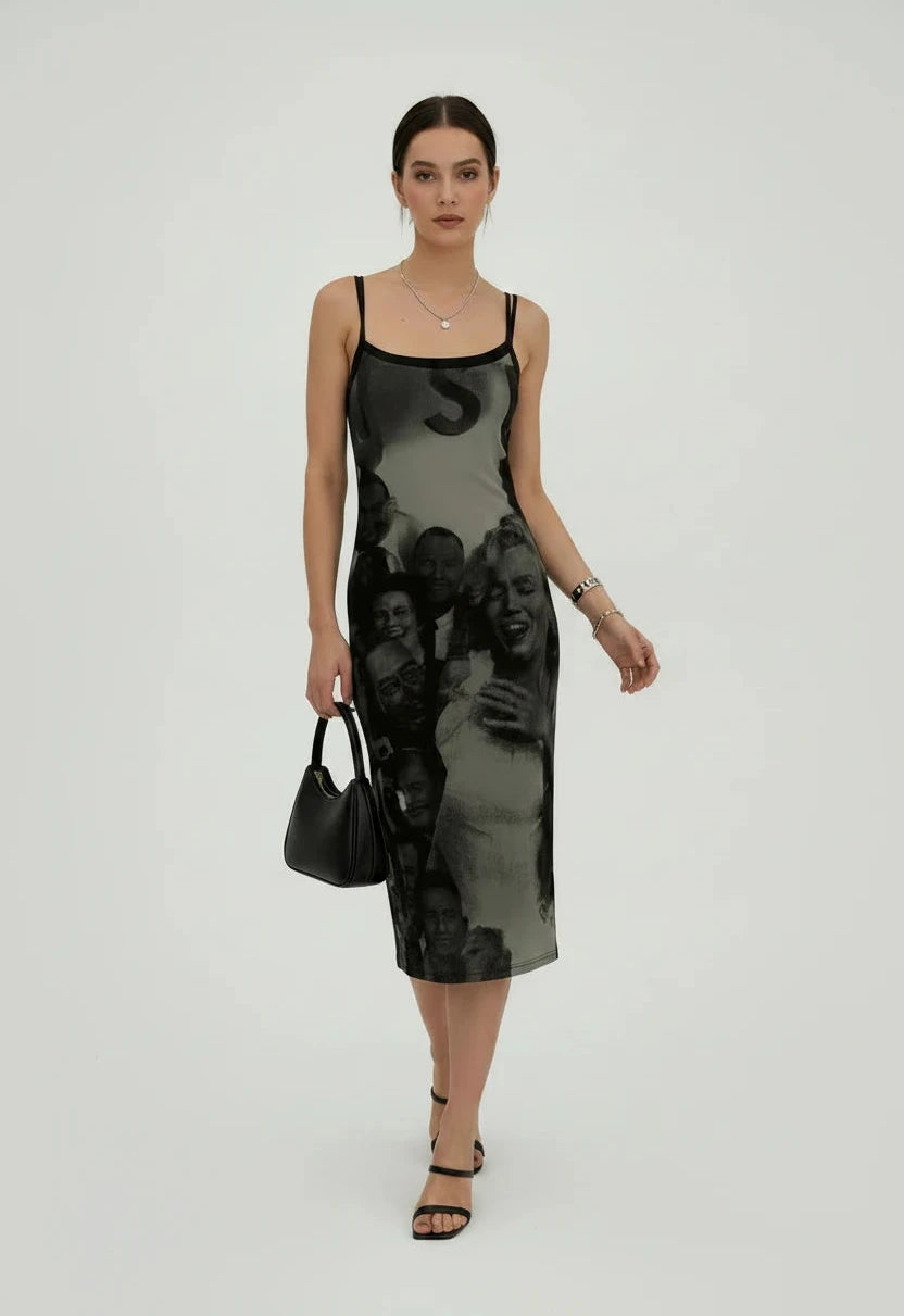 🍒Print vintage dress mesh Y2k spaghetti straps maxi outfits for women fashion straight dress party occasion wear club clothing Merry Munroe Midi