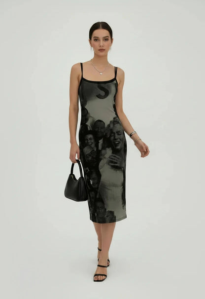🍒Print vintage dress mesh Y2k spaghetti straps maxi outfits for women fashion straight dress party occasion wear club clothing Merry Munroe Midi
