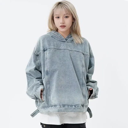 🍒Spring autumn jacket women denim hoodies for women ladies Jean pullover tops vintage unisex long Sleeve hooded baggy top