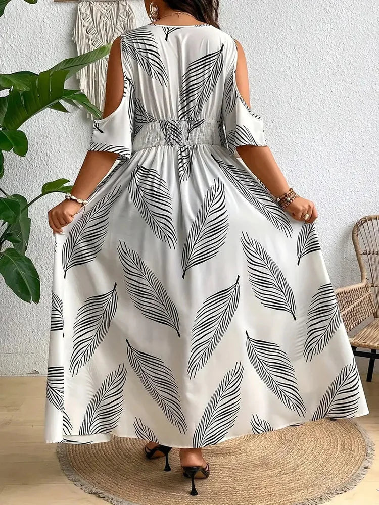 🍒Plus size cold shoulder dress printed womens casual v-neck vacation outfit beach big swing split long summer fashion wear Dont Leaf This One Out