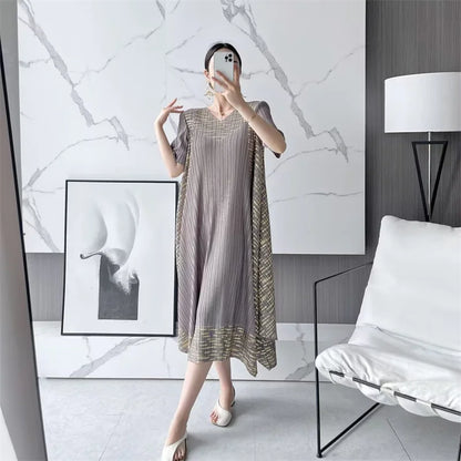 🍒Long dresses spring and autumn clothes plus size outfit a-line smart casual women pleated ring printed party wear A- Swirl Of a Dress