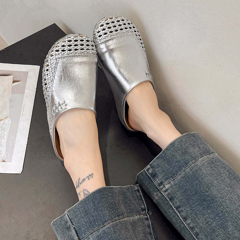 🍒Versatile sandals womens pumps shoes casual slippers for women party wear summer round toe summer shoes Slip Into Silver Sliders