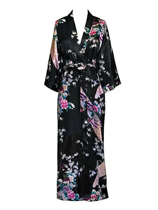 🍒Satin robe women plus size  with flowers peacock print kimono lounge gowns for women bride bridesmaid wedding bathrobe silky nighrwear Sittin' Satin Style