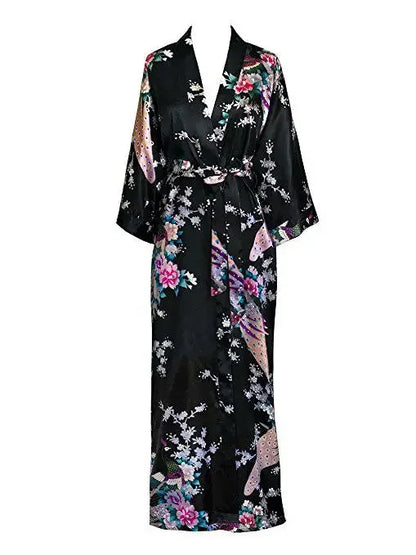 🍒Satin robe women plus size  with flowers peacock print kimono lounge gowns for women bride bridesmaid wedding bathrobe silky nighrwear Sittin' Satin Style