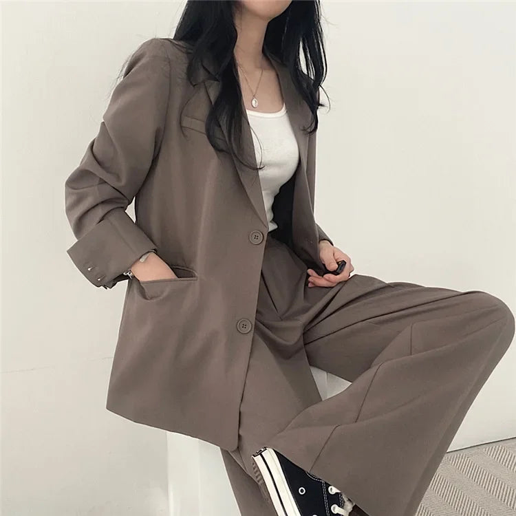 🍒Solid color women's suit set fashion loose casual wear 2 piece set office suits for ladies long sleeve pocket jacket formal wear strawbery choclate ...Suit Yourself