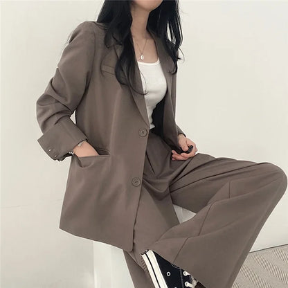 🍒Solid color women's suit set fashion loose casual wear 2 piece set office suits for ladies long sleeve pocket jacket formal wear strawbery choclate ...Suit Yourself