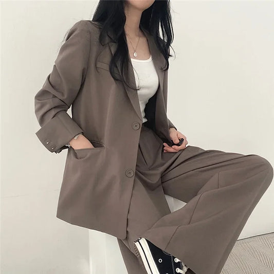 🍒Solid color women's suit set fashion loose casual wear 2 piece set office suits for ladies long sleeve pocket jacket formal wear strawbery choclate ...Suit Yourself