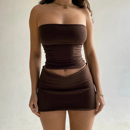 🍒Women's mini skirt and top set fashion high waisted short skirt plus bandeu top all match female summer wear casual wear clothes Outfit Y2K style Sassy Summ-her Sets