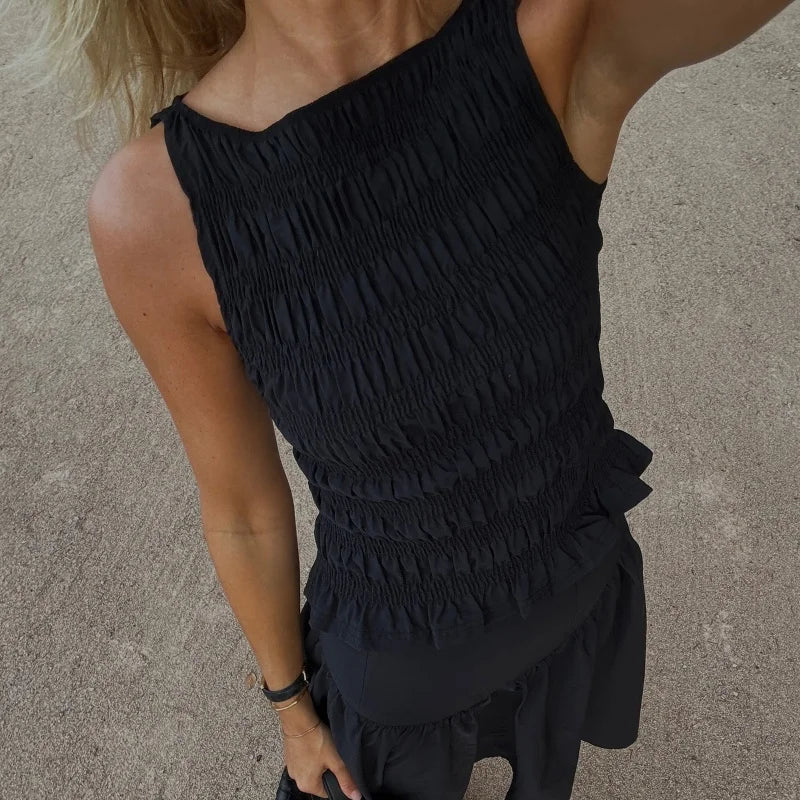 🍒Women Y2K smocked shirred tank top sleeveless crew neck frill ruffle crop top ruched pelpum going out tops party clubwear