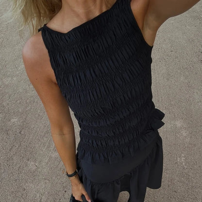 🍒Women Y2K smocked shirred tank top sleeveless crew neck frill ruffle crop top ruched pelpum going out tops party clubwear