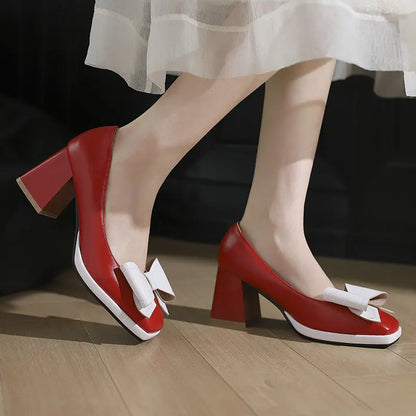 🍒Bow-tie heels women elegant shoes medium block heel pumps office wedding party shoes for occasions