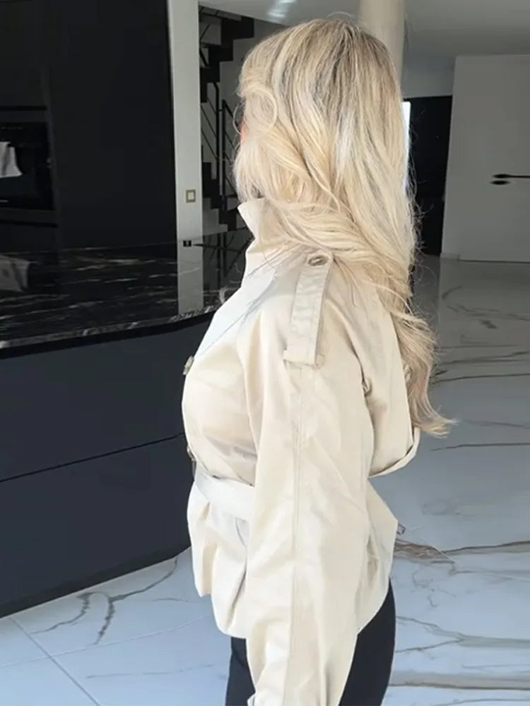 🍒Flared sleeve jacket belt coat for women elegant stand collar double breasted coat long sleeved outerwear female autumn winter fashion commuter keep abreast of belted double breast