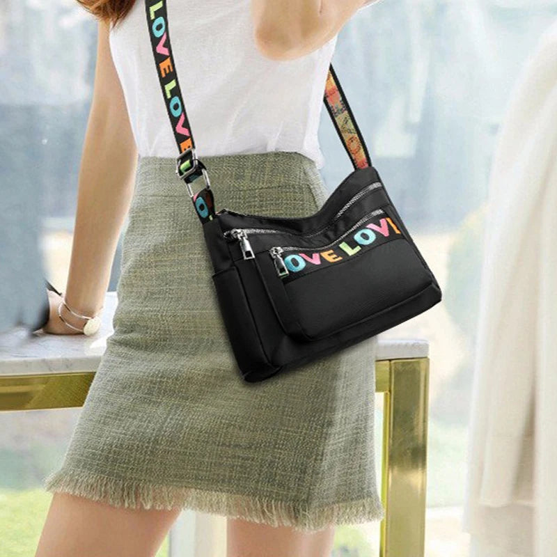 🍒Womens handbag oxford fabric bag large capacity crossbody with multiple compartments fashion accessory casual carry bag with colourful font Get A Handle On Love