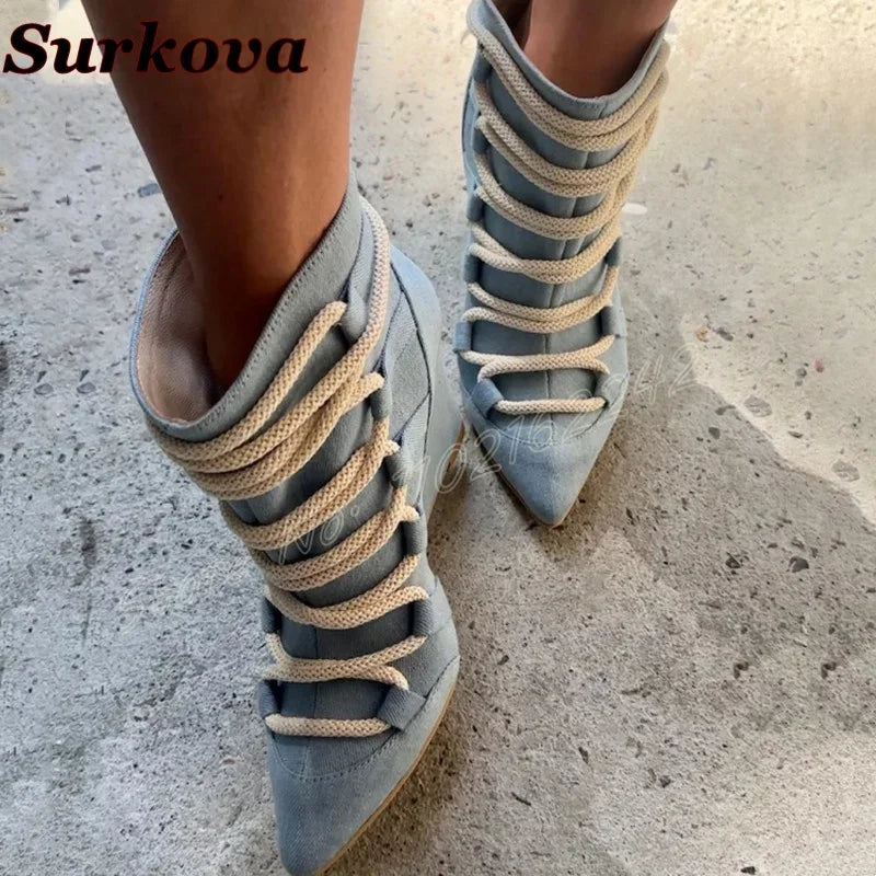 🍒Women's blue denim short boots ankle pointed toe lace-up woven wedge booties fashion party footwear smart casual heels shoes large size 46 Daytime/Do Dishy Denims