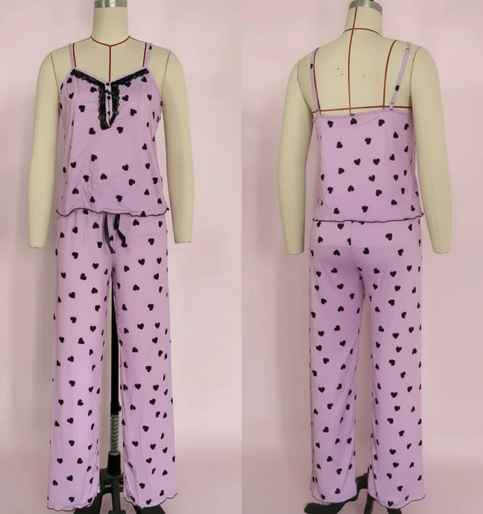 🍒Heart print pyjamas homewear sets women sleeveless crop top amd pants two piece coord with chemise lounge wear clothing                                       Love To Wear Clothes