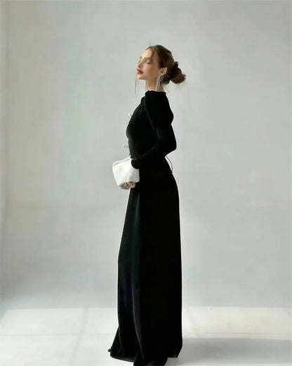 🍒Black evening dresses long flared sleeves side slit outfit party evening gown with bows maxi occasion dress black and white Walk Your Pretty Side