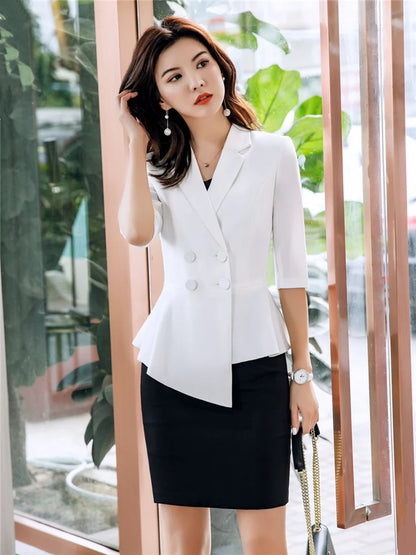 🍒Red 2 piece womens suit fashion skirt set business wear office workwear light blazers for women half sleeve top and mini skirt Berry Beautiful