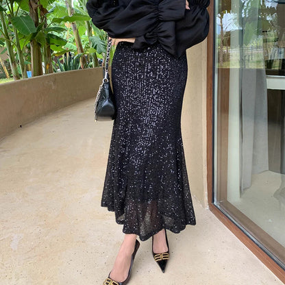 🍒Sequin maxi skirt summer elasticated waist skirts full length bodycon fashion clothing for women glitter party club wear for women