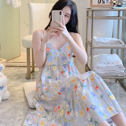 🍒Sleeveless night dress for Women breathable viscose cotton camisole nightie floral  night dress loungewear summer wear holidaywear nightwear Fresh Florals