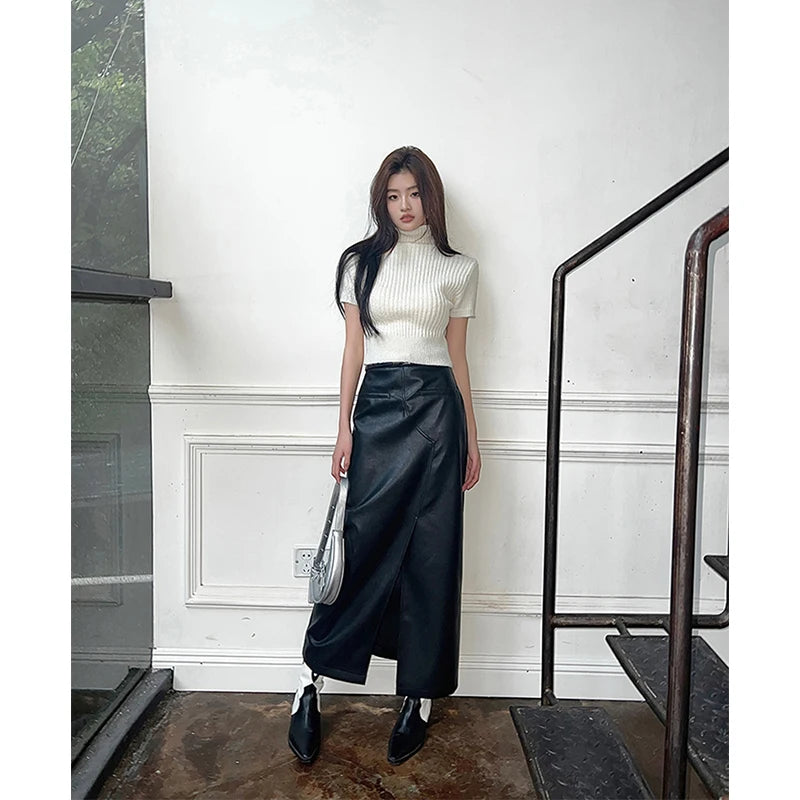 🍒Vintage faux leather skirt for women high waisted black maxi skirt with slits Y2K fashion split slim a-line  Dont Slip Up On Style Get This Split Slim Slick
